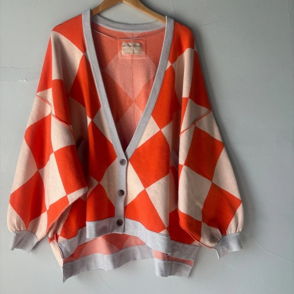 NWT Free People Manny Cardigan in Firecracker Argyle Oversized Size Small - Picture 6 of 12